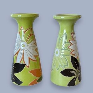 Pier 1 Imports Set of 2 Pillar Candle Holders 10.5” Ceramic Etched Floral Retro